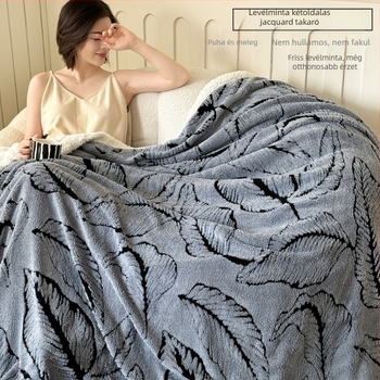 Kétszintes poliészter pléd levél mintás Jacquard — téli használatra, 350 g, zsugorodás 2–4%