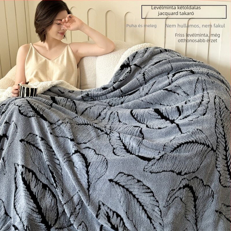 Kétszintes poliészter pléd levél mintás Jacquard — téli használatra, 350 g, zsugorodás 2–4%