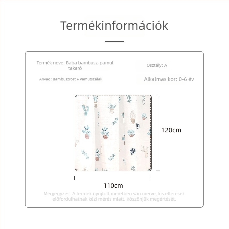 Baba Swaddle takaró – Négy réteg géz, Pamut + regenerált cellulózrost, 40s fonal, Hímzés/Nyomtatás/Sima szövés, 200–300 g, Testreszabható Feldolgozás