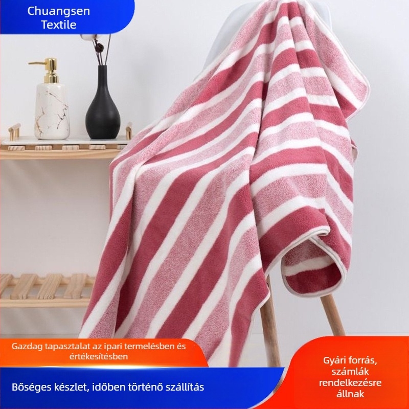 Csíkos XXL fürdőlepedő készlet, korall fleece anyagból, kiváló nedvszívó, szöszmentes, megerősített szegéllyel