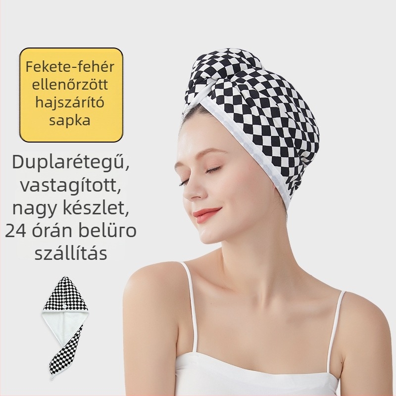 Hajat szárító turbán, kockás mintázat, dupla él, vastított, korall plüss, 120–139 g