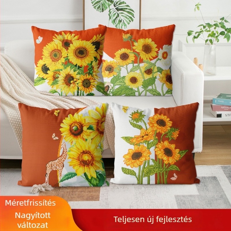 Napraforgó keresztszemes párnahuzat – DIY, teljes hímzés, kézzel készített