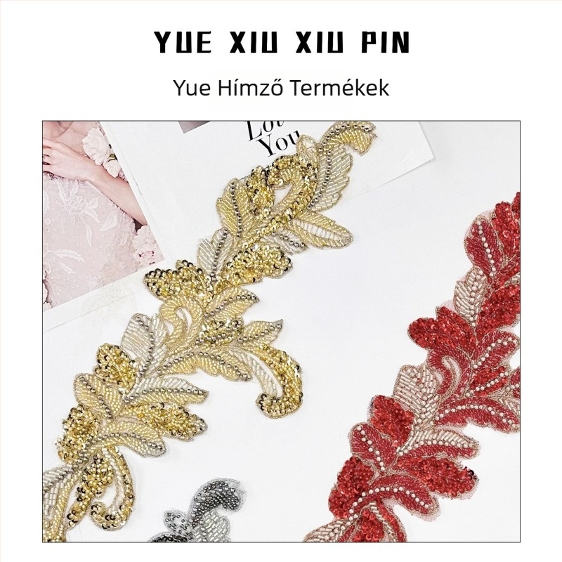 Hímzett levélalakú strassz applikációk, 3D textil applikációk poliészterből, kabátokra, sapkákra, ruhákra és kiegészítőkre