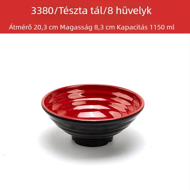 Melamín tálkészlet kanállal — szabálytalan forma, glazúrozott felület, egyszínű minta, logó nyomtatva
