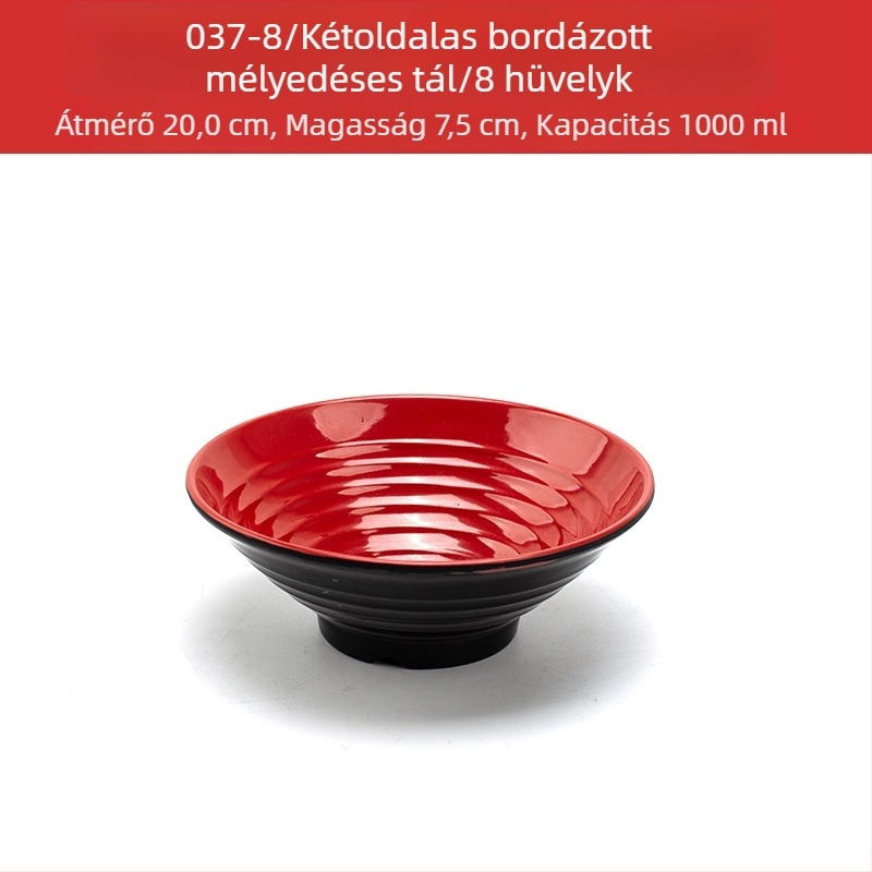 Melamín tálkészlet kanállal — szabálytalan forma, glazúrozott felület, egyszínű minta, logó nyomtatva