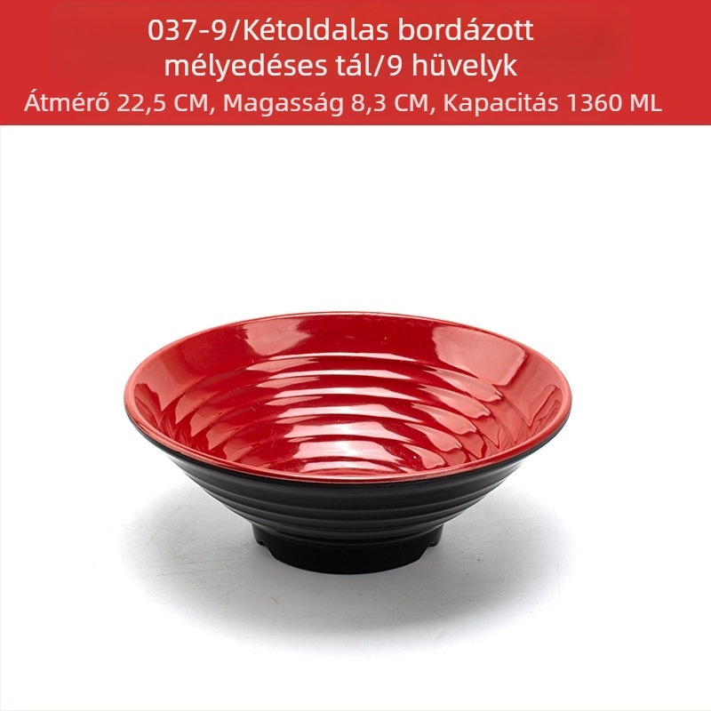 Melamín tálkészlet kanállal — szabálytalan forma, glazúrozott felület, egyszínű minta, logó nyomtatva