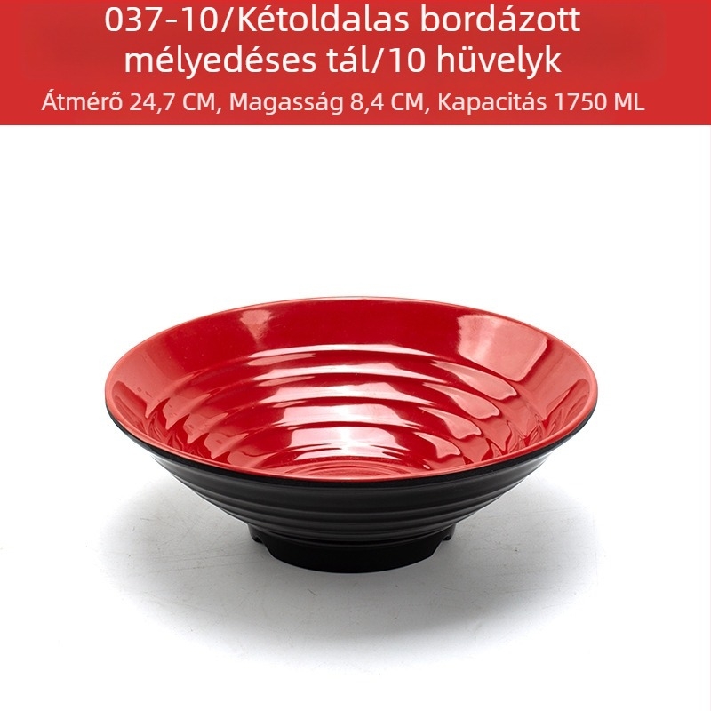 Melamín tálkészlet kanállal — szabálytalan forma, glazúrozott felület, egyszínű minta, logó nyomtatva