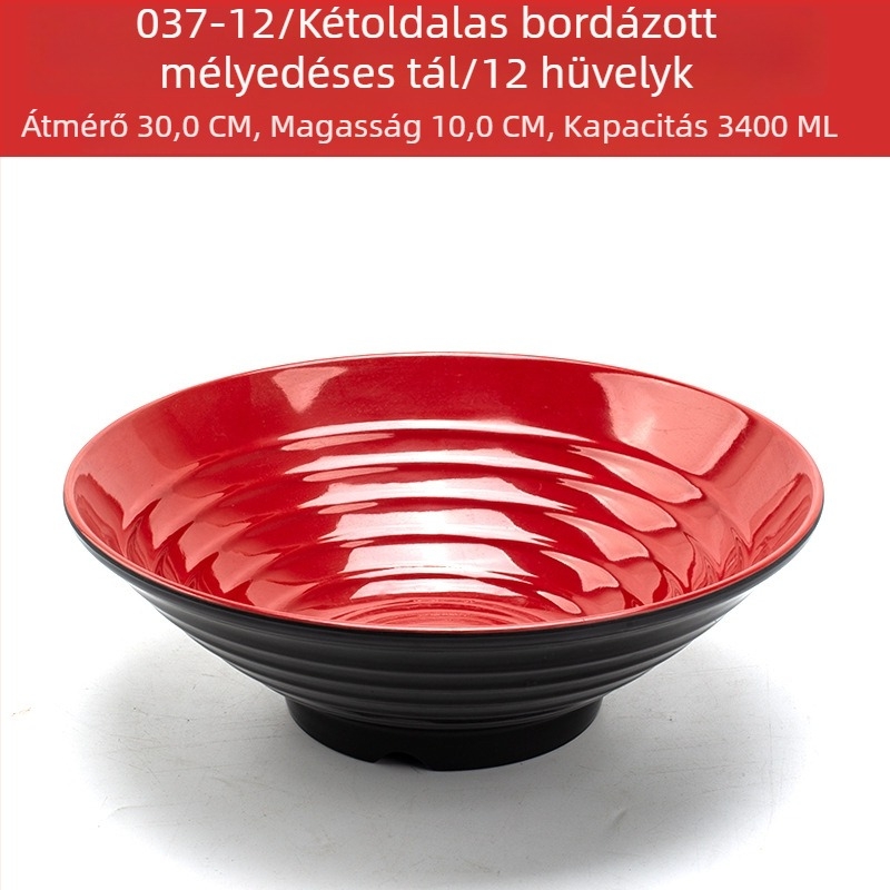 Melamín tálkészlet kanállal — szabálytalan forma, glazúrozott felület, egyszínű minta, logó nyomtatva