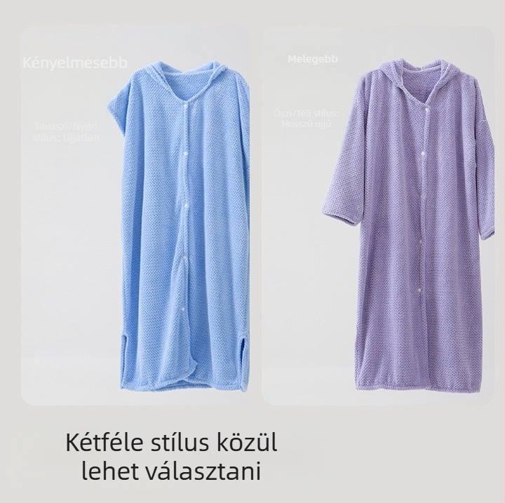 Női hordható fürdőköpeny korall fleece anyagból, gyorsan száradó és nedvszívó, minden évszakban használható. Színek: fehér, világosszürke, kék.
