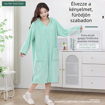 Plusz méretű kapucnis fürdőköntös korallos fleece-ből, hosszú ujjak, ananász mintázat, nedvszívó