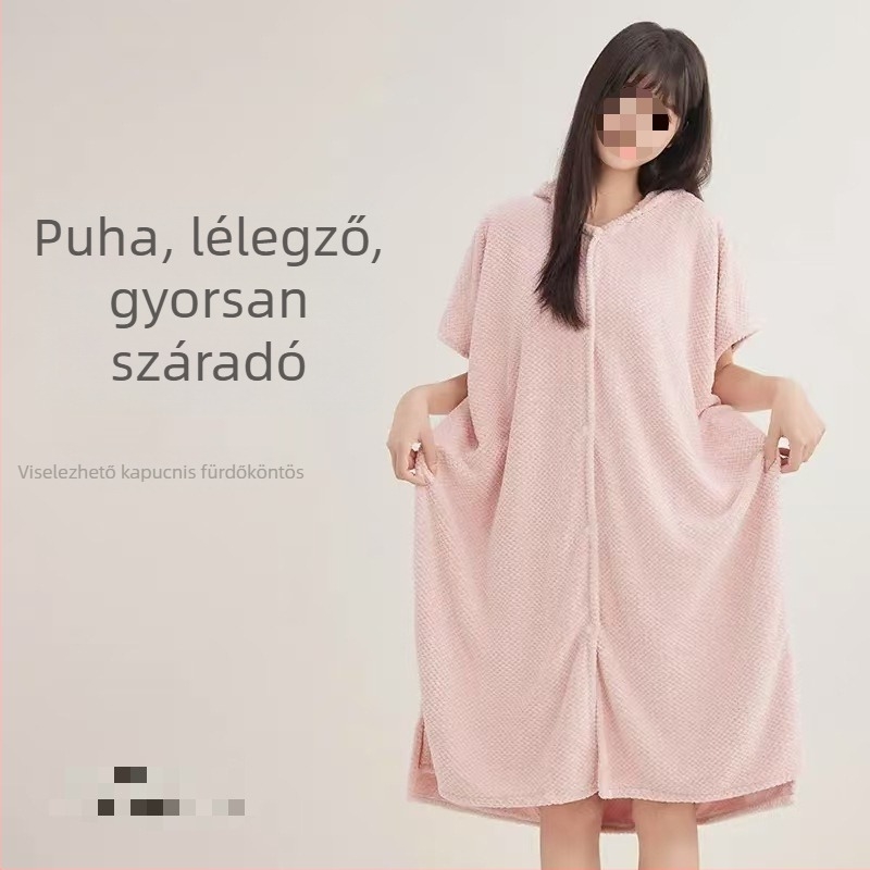 Női kapucnis fürdőköpeny korall polár anyagból, hímzett rész, spandex keverék, 580 g