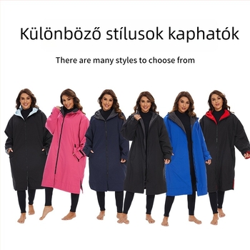 Őszi-téli úszáshoz meleg fürdőköpeny vastag kapucnival és szélálló külsővel, kültéri használatra, gyógyfürdőkhoz