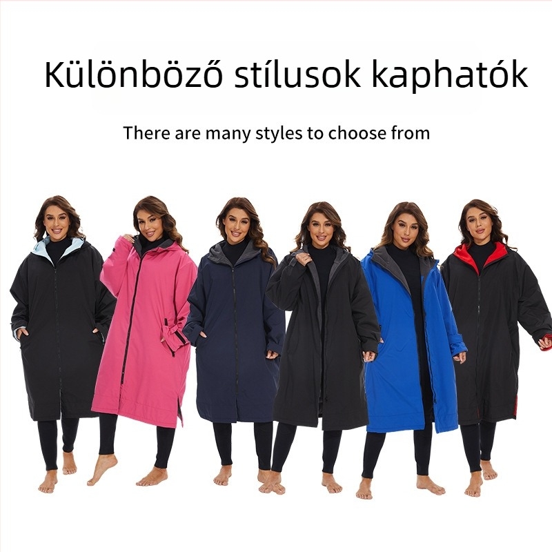 Őszi-téli úszáshoz meleg fürdőköpeny vastag kapucnival és szélálló külsővel, kültéri használatra, gyógyfürdőkhoz