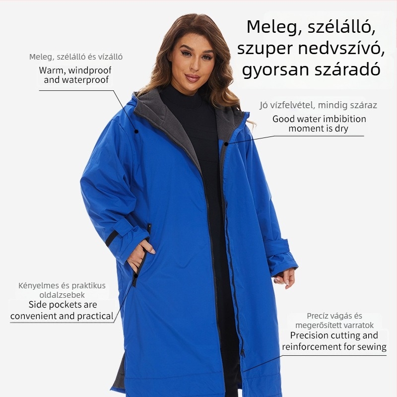 Őszi-téli úszáshoz meleg fürdőköpeny vastag kapucnival és szélálló külsővel, kültéri használatra, gyógyfürdőkhoz