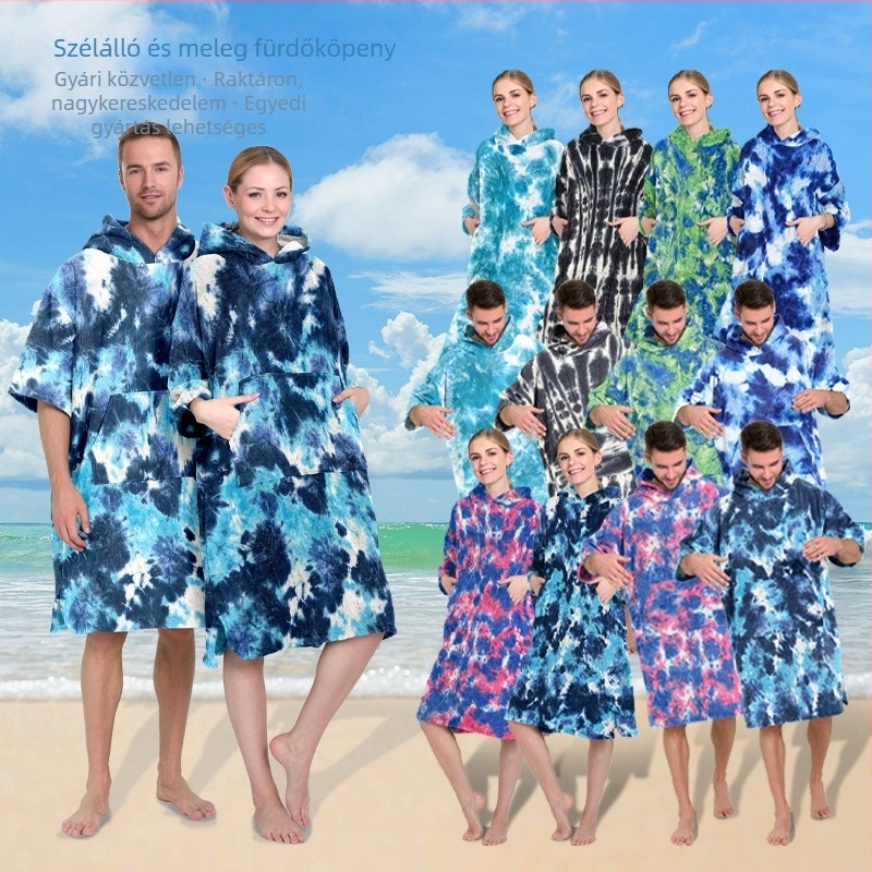 Gyorsan száradó kapucnis poncsó törölköző, mikroszálas terry, strandhoz, szörfözéshez, búvárkodáshoz és úszáshoz, tie-dye stílus