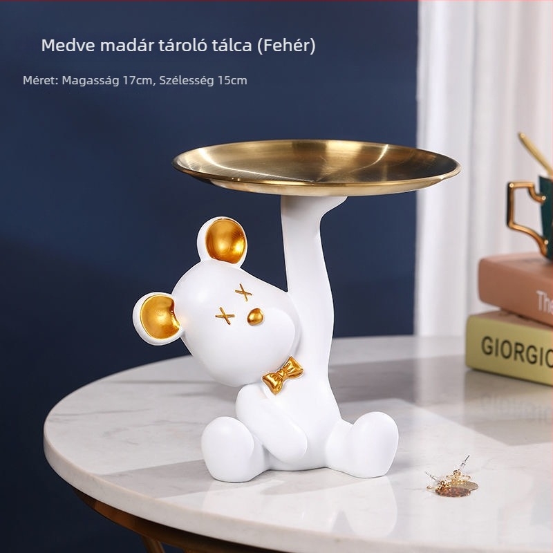 Medve figura kulcstartó tál, gyantából, modern-minimalista stílusú asztali dekoráció, előszoba és nappali
