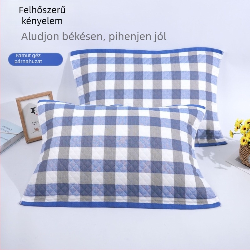 Pamut géz párnahuzat, kockás mintával, nagy méret, izzadság-abszorbens, puha és kényelmes, felnőtteknek