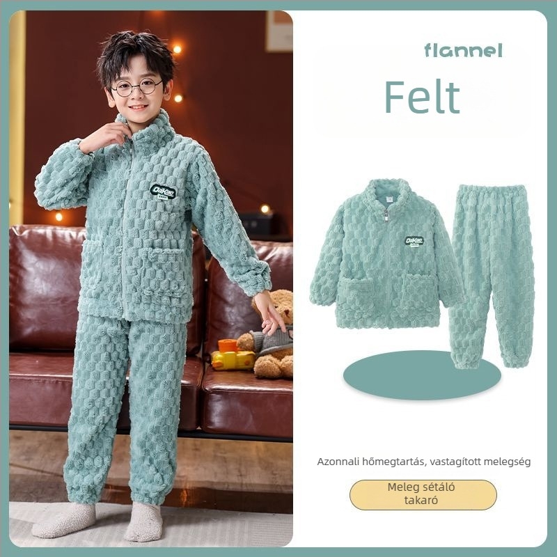 Gyerekek téli flaneles pizsama készlet cipzárral, csíkos mintázat, 95% poliészter, hosszú ujjú, gyors száradás