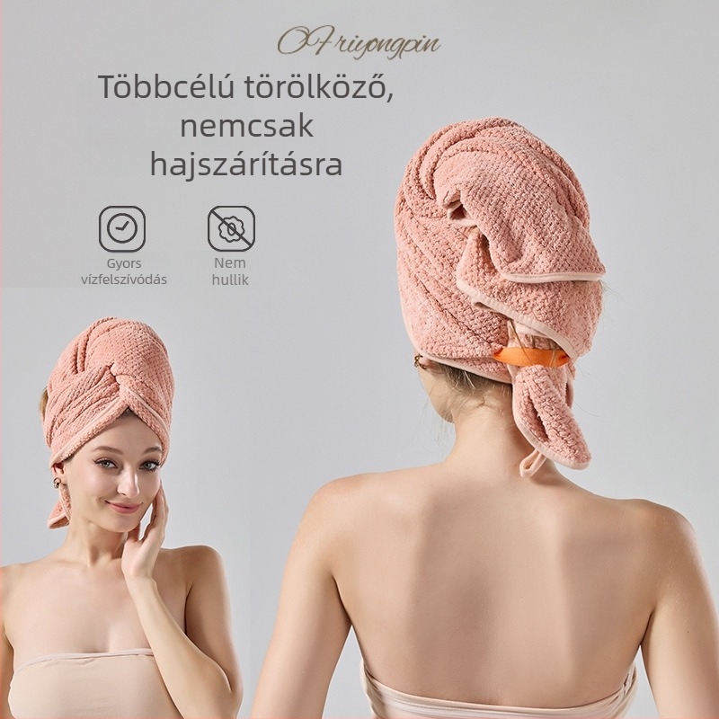 Korall velúr hajszárító sapka, ananászos rácsmintás, 150D szál, tömeg >200 g, gyors száradás és kiváló nedvszívó képesség.