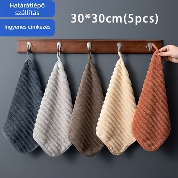 Öt darabos kéztörlő készlet korall velúrból, puha, kis négyzet alakú törölközők, akasztóval, konyha és fürdőszobára