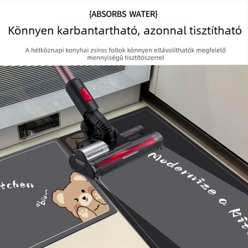 Diatomás iszapból készült konyhai padlótakaró, vízfelvevő, csúszásmentes, foltálló, vágásra alkalmas, könnyen ápolható.