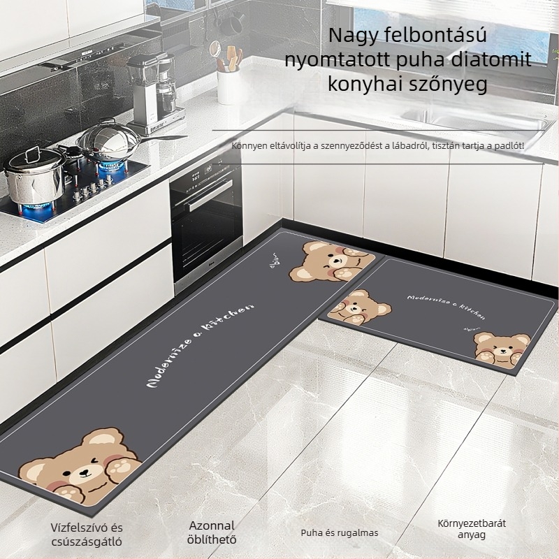 Diatomás iszapból készült konyhai padlótakaró, vízfelvevő, csúszásmentes, foltálló, vágásra alkalmas, könnyen ápolható.