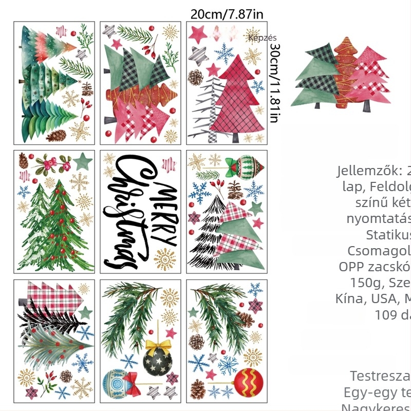 Ablak matricás dekoráció - akvarell karácsonyfa, PVC, vízálló, öntapadó, 1 darab, nordic stílus