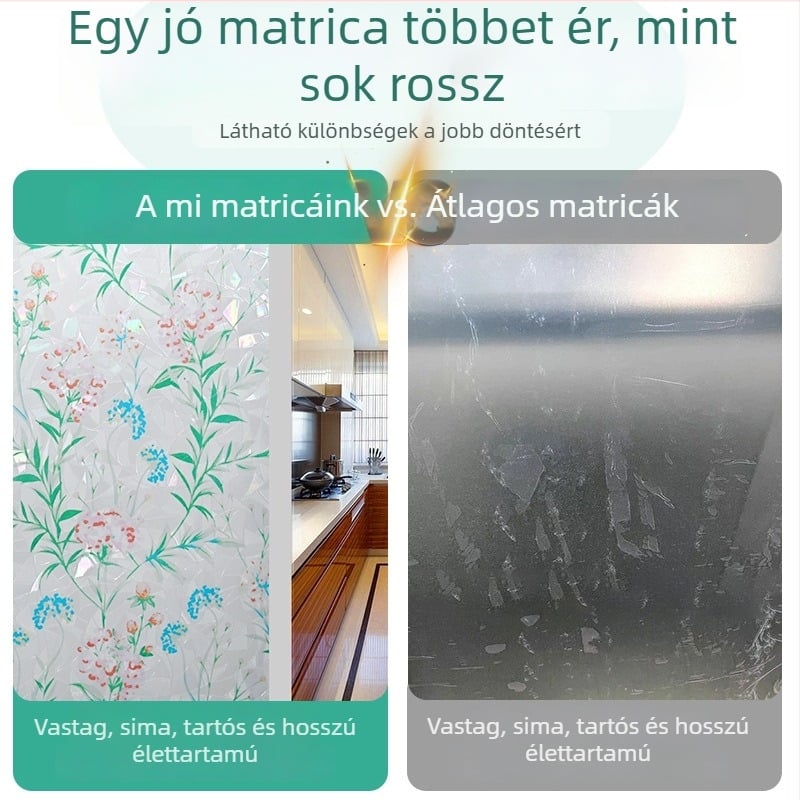PVC alapú statikus üvegfólia virágos mintával, matt áttetsző ablakfólia magánélet és hőszigetelés