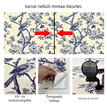 Önragasztó PVC tapéta hálószobába, vízálló és szennyeződésálló, virágos mintával.