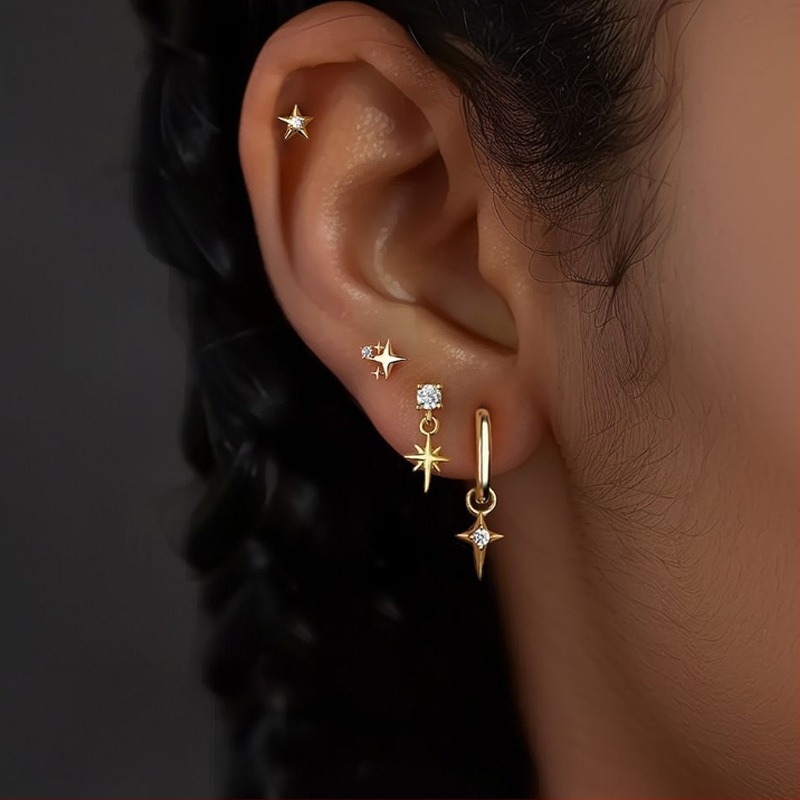 ajak piercing ékszer, geometriai négyszárnyú csillag, ametiszt kristály, elektroplattált réz, uniszex ékszer