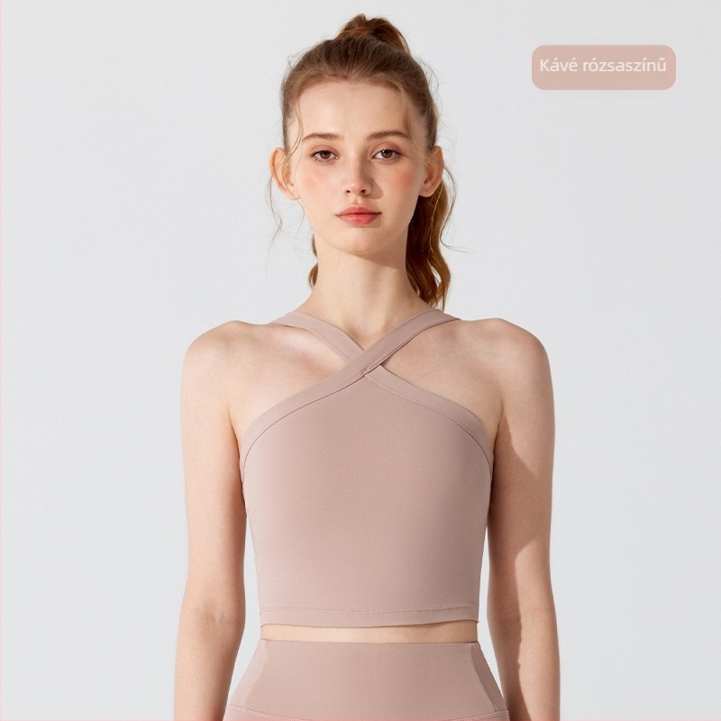 Női halterneck sporttop melltámasz és elegáns hátsó dizájnnal, jóga ruházat — Anyag: Nude Nylon Lycra; Fő anyag: Nylon; Belső anyag: Spandex; Csésze típus: Teljes; Csésze forma: Középső; Vállpántok: Fix dupla