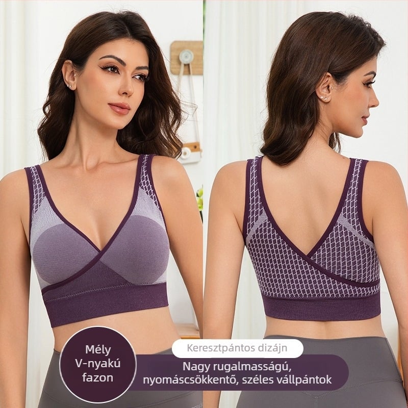Női sporttop beépített melltartóval, push-up, hát-támogatás, drót nélküli, jóga és futás