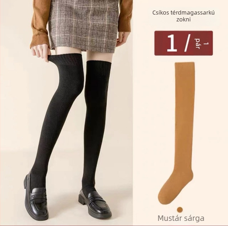 Térd feletti zokni téli fleece betétes, vastag, egyszínű, poliészter-pamut keverék