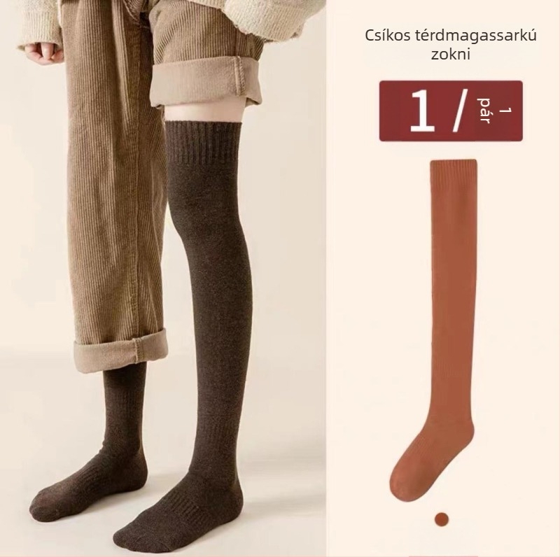 Térd feletti zokni téli fleece betétes, vastag, egyszínű, poliészter-pamut keverék