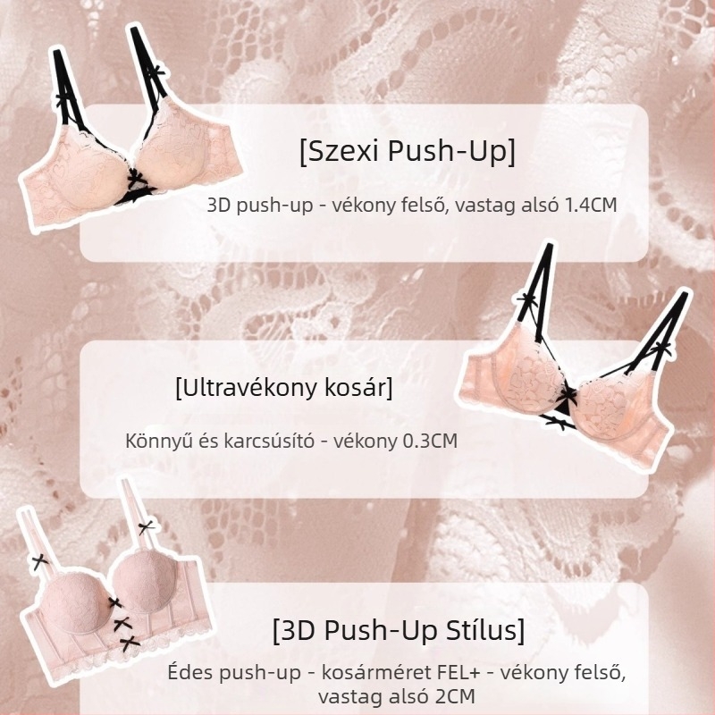 Drót nélküli csipkés push-up melltartó kis mellemhez, 3/4 kosár, hátoldali négy horoggal záródó, dupla pánt, légies és kényelmes