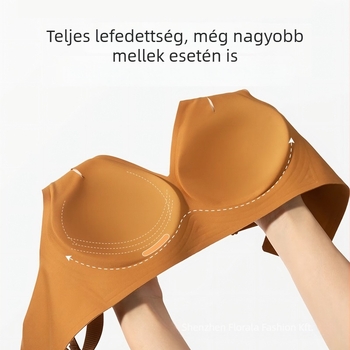 Varrás nélküli melltartó, teljes kosár, széles vállpántok, anti-prolapszus támogatás, zselés csíkok a kényelemért, merevítő nélkül