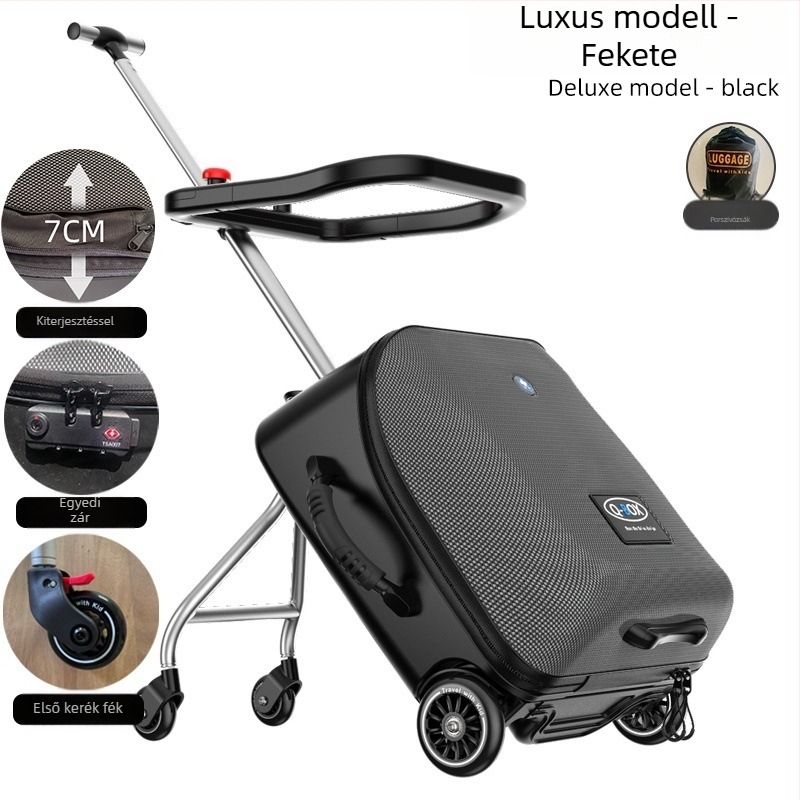 QBOX gyerekeknek készített utazóbőrönd ülőfunkcióval – cipzáras nyitás, TSA kombinációs zár, PC anyag, univerzális kerekek, 4,5 kg