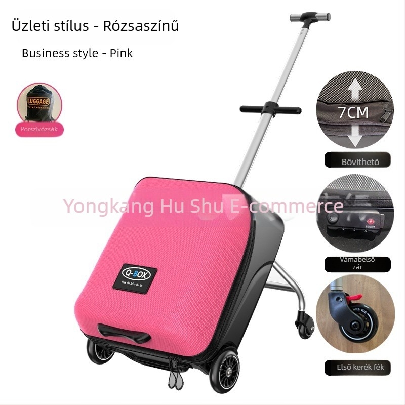 QBOX gyerekeknek készített utazóbőrönd ülőfunkcióval – cipzáras nyitás, TSA kombinációs zár, PC anyag, univerzális kerekek, 4,5 kg
