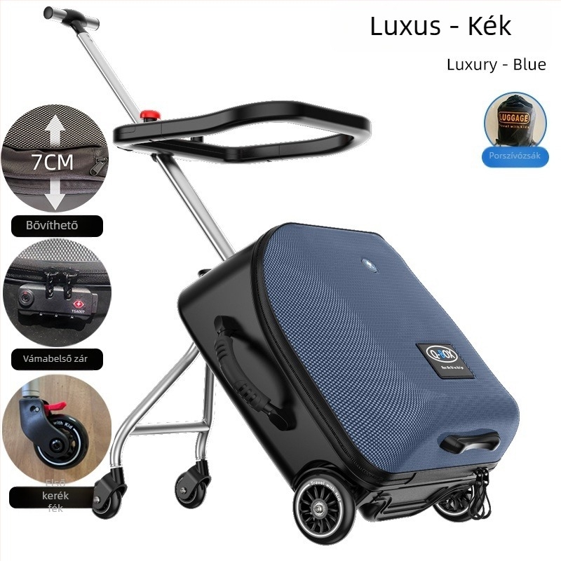 QBOX gyerekeknek készített utazóbőrönd ülőfunkcióval – cipzáras nyitás, TSA kombinációs zár, PC anyag, univerzális kerekek, 4,5 kg