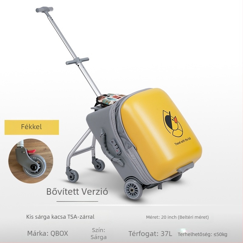 QBOX gyerekeknek készített utazóbőrönd ülőfunkcióval – cipzáras nyitás, TSA kombinációs zár, PC anyag, univerzális kerekek, 4,5 kg