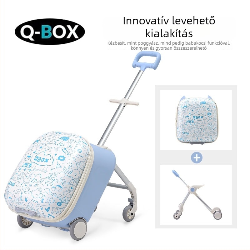 QBOX gyerekeknek készített utazóbőrönd ülőfunkcióval – cipzáras nyitás, TSA kombinációs zár, PC anyag, univerzális kerekek, 4,5 kg