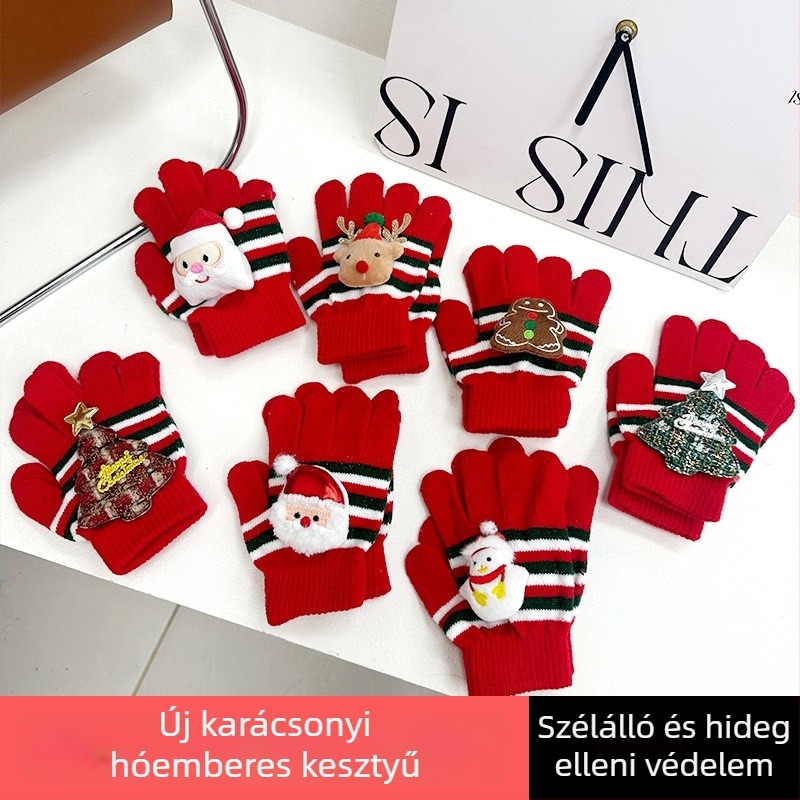 Gyerekeknek kötött ötujjú plüss kesztyű, karikatúra mintával, melegen tartó, uniszex, 3–11 évesek, téli–ősz