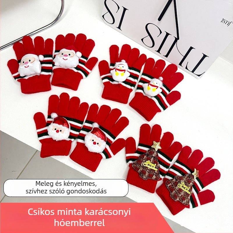 Gyerekeknek kötött ötujjú plüss kesztyű, karikatúra mintával, melegen tartó, uniszex, 3–11 évesek, téli–ősz
