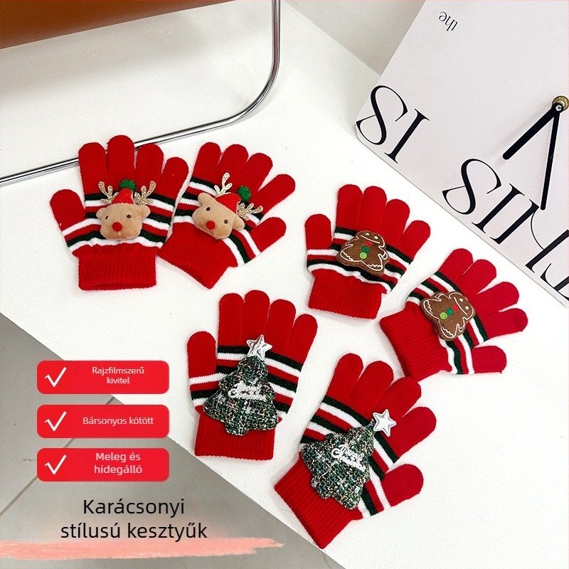 Gyerekeknek kötött ötujjú plüss kesztyű, karikatúra mintával, melegen tartó, uniszex, 3–11 évesek, téli–ősz