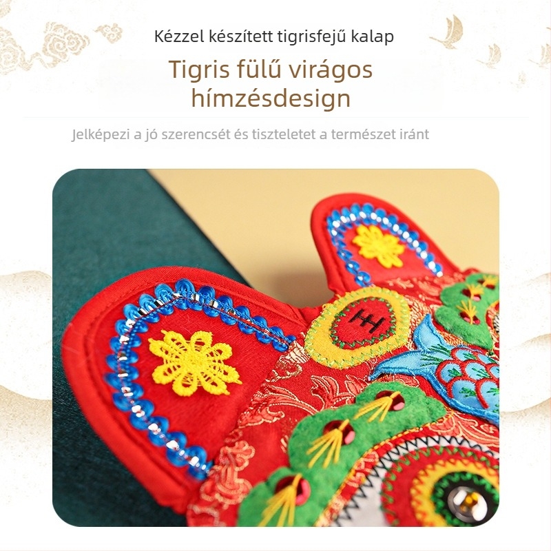Baba tigris fejű sapka brokát anyagból, hímzett, kupola alakú fejfedő, szélálló, fotózáshoz, 6 éves korig