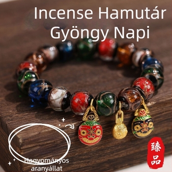 Aranyat nyelő szörny karkötő, üveggolyók Incense-Ash glazúrral, vintage stílus, uniszex, kézzel készített, 19 darab