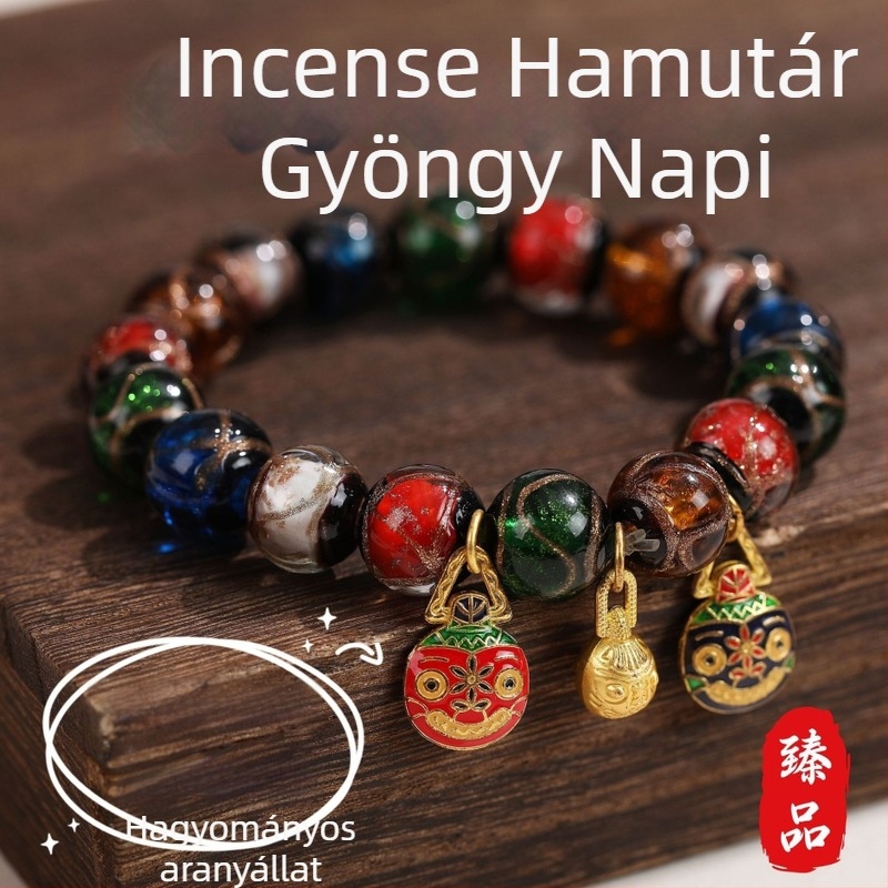 Aranyat nyelő szörny karkötő, üveggolyók Incense-Ash glazúrral, vintage stílus, uniszex, kézzel készített, 19 darab