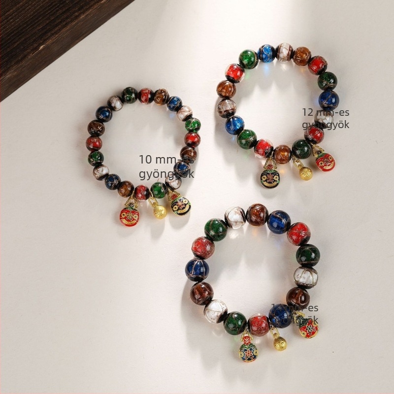 Aranyat nyelő szörny karkötő, üveggolyók Incense-Ash glazúrral, vintage stílus, uniszex, kézzel készített, 19 darab