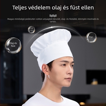 Szakács sapka: pamut twill, kockás minta, lapos tetejű, karima nélkül, nyomtatott logó