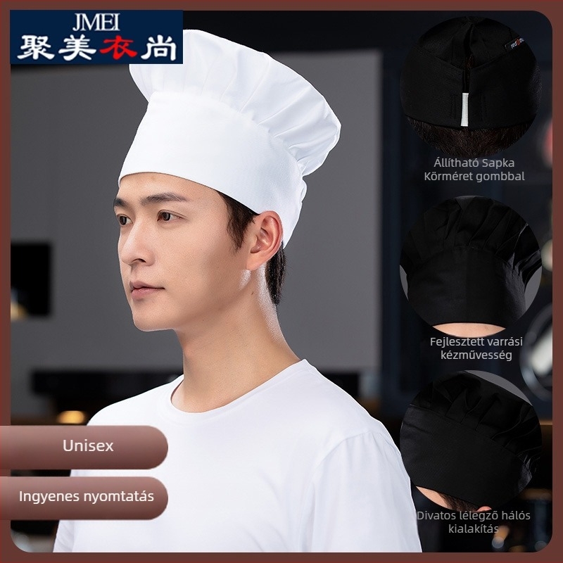 Szakács sapka: pamut twill, kockás minta, lapos tetejű, karima nélkül, nyomtatott logó